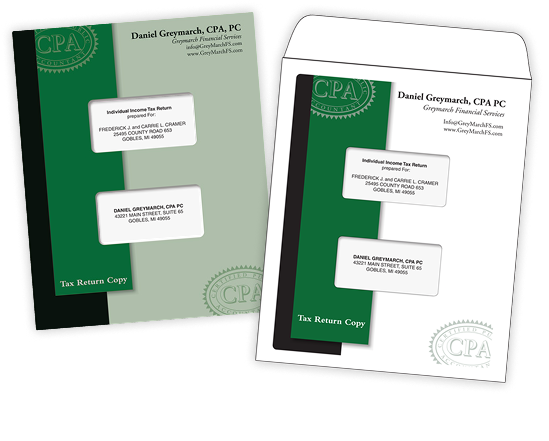 Custom-branded green tax return folder and matching mailing envelope printed for a CPA firm