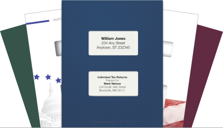 Tax software slip sheet folders in navy, green and burgundy, fanned out