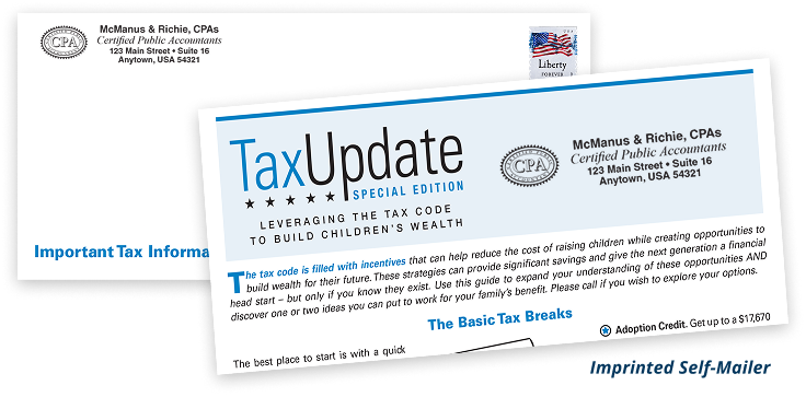 The Special Edition Tax Update newsletter shown as an imprinted self-mailer alongside its envelope